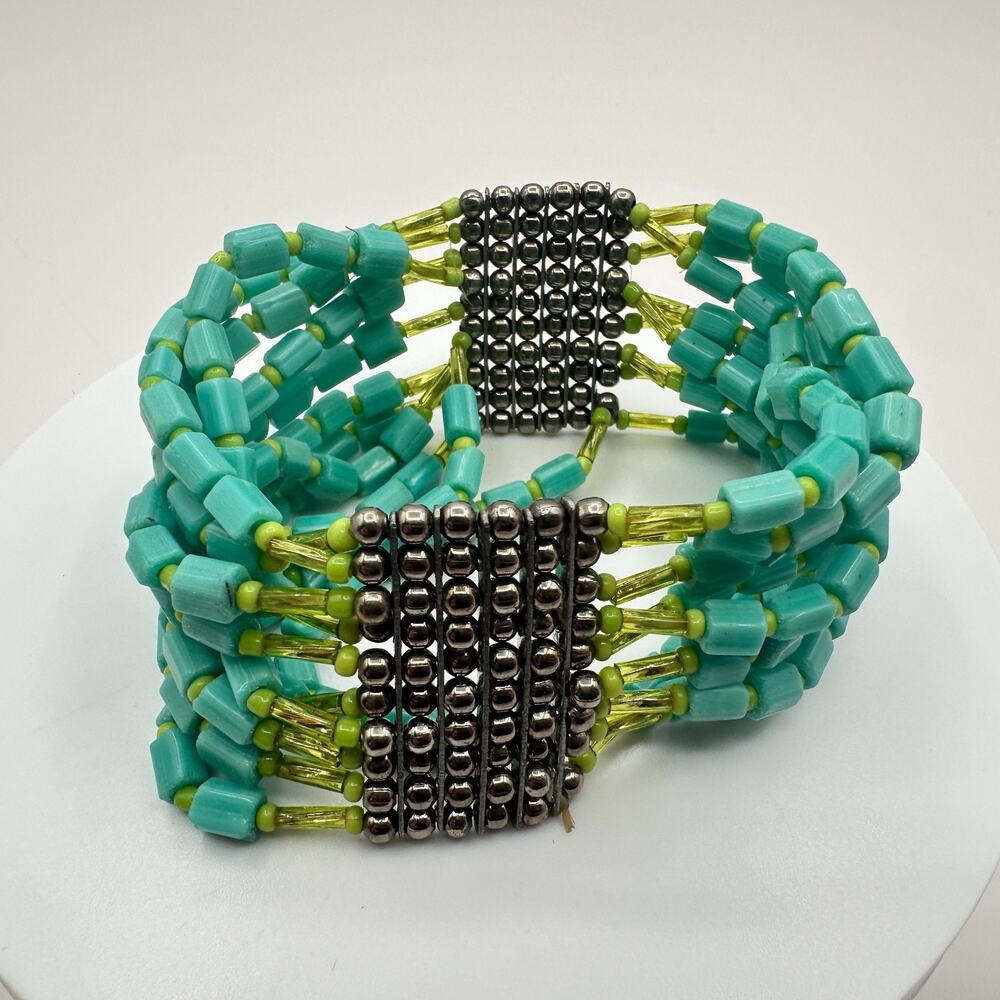 Vintage 90s Blue & Green Glass Beaded Multi Strand Cuff Bracelet Boho Jewelry